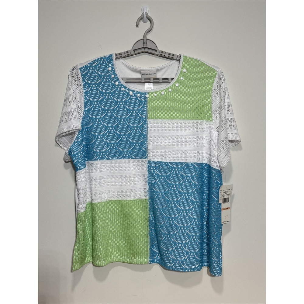 Alfred Dunner Short Sleeve Top Blue Green Embroidered Overlay NEW Women's 2x